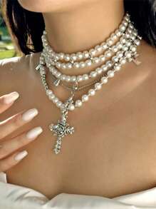 1pc Minimalist Vintage Cross & Pearl Layered Necklace, Fashion Statement Choker Necklace, Suitable For Party, Gathering, Daily Wear, Gift For Her