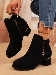 秋冬简约风格中跟粗跟黑色绒面革女式踝靴，水钻吊坠侧拉链靴，时尚优雅，女靴 - 黑色 - 查看 3