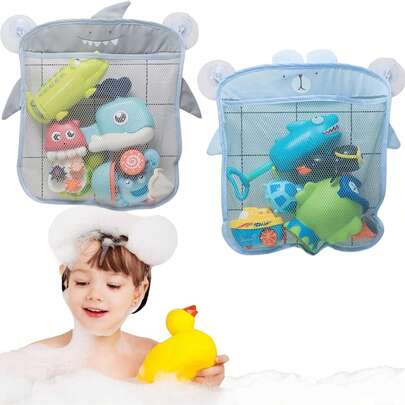 Bolsa de banheiro infantil em tela com formato de animais de desenho animado, ideal para guardar brinquedos de pano e areia. Possui ventosa para organizar os brinquedos de banho das crianças. Cesta infantil de tela para guardar brinquedos de banho, bolso para brinquedos e organizador de banheiro com ventosa.