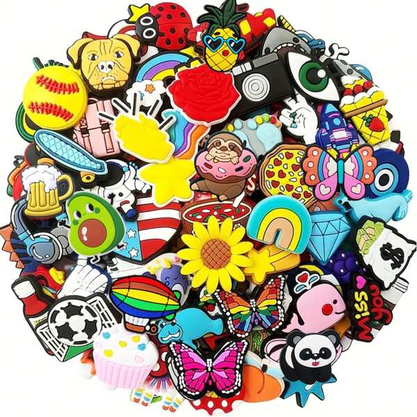 Random 10/30/50/100Pcs Food/Animal/Flower/Cute Cartoon Series Shoe Charms For Sandals, Shoe Decoration Premium Quality Popular Charms Accessories Great Gift For Teens Men Women And Adults