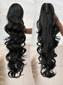 32英寸长款波浪卷马尾假发，合成耐热爪式卷曲波浪马尾假发，女士适用 - 黑色 - 查看 5
