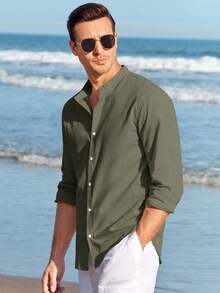 Runcati Men Linen Shirt Button Down Long Sleeve Cotton Beach Band Collar Casual Summer Shirts - 軍綠色 - 查看 4