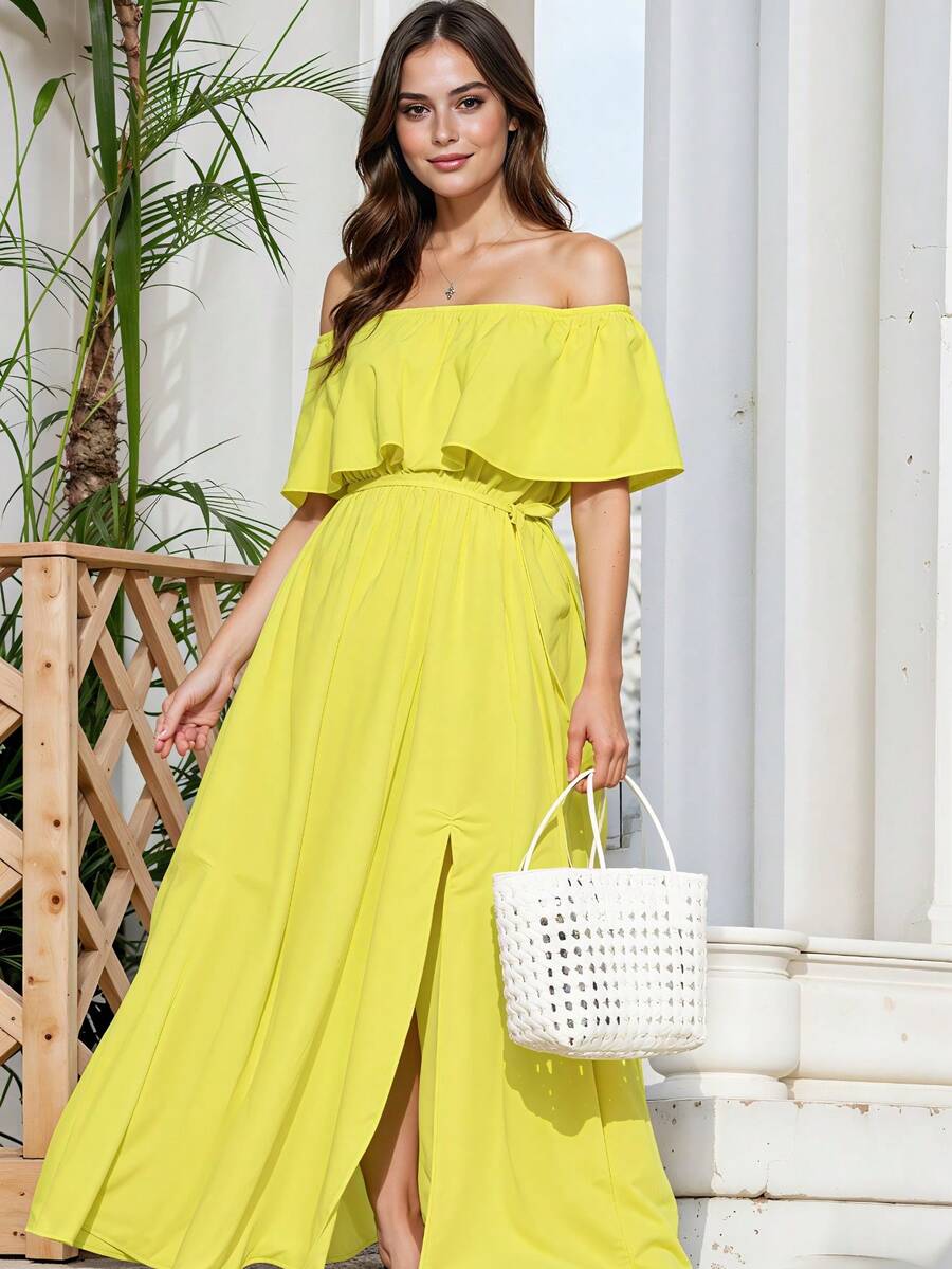 Vestido Largo de Escote Recto y de Hombros Descubiertos con Volantes, y Bajo con Abertura Lateral Elegante para Mujer - Amarillo - Ver 1