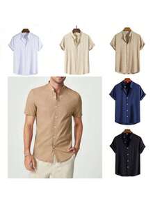 Men's Shirt, Pastor Collar, Social Casual, Linen Cotton, Short Sleeve, Luxury Fashion - trắng - Xem 2