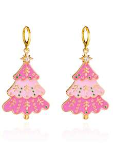 2 brincos com pingente de árvore de Natal rosa com strass fofos, presente de Natal, adequados para mulheres usarem no Natal, feriados e festas - Rosa - Ver 3
