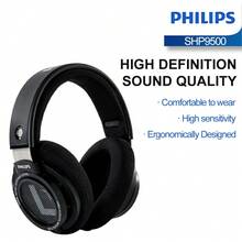 PHILIPS 飞利浦音频 SHP9500 HiFi 精密立体声罩耳式耳机（黑色），有线立体声音乐耳机，带 3.5 毫米和 6.3 毫米接口，适用于电脑、笔记本电脑、智能手机、录音室监听和混音，DJ 立体声耳机，具有噪音隔离、高分辨率音频、深沉低音和极佳舒适度