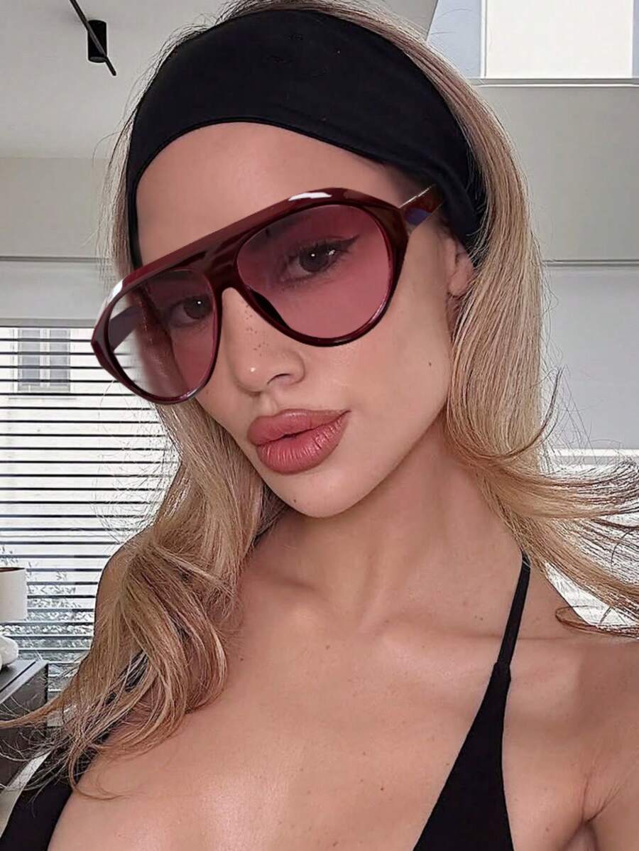 1pc Oversized Flat Top Fashion Glasses For Women, Summer Vacation Eyewear With Bohemian Style Suitable For All Seasons, Commuting And Vacation, Retro And Minimalist Beach Accessories For Women Glasses Shades For Summer Beach Vacation,Outdoor,Travel - 紅色 - 查看 1