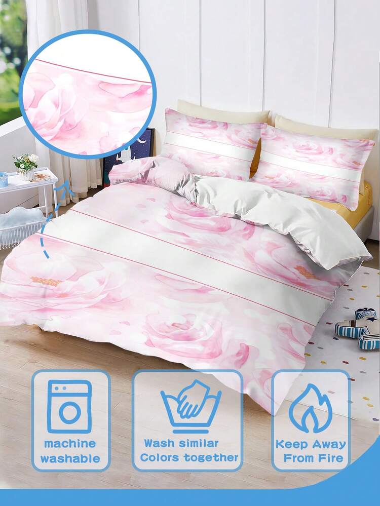 3pcs Customized Bedding Set, Pink Floral Pattern, Includes 1 Duvet Cover & 2 Pillow Shams, Can Be Purchased Separately. Made Of Polyester Fabric, Digital Printing, Suitable For Children, Families And Parents - Multicolor - View 2