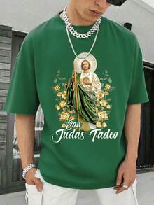 Men's Religious T-shirt|Golden Embossed  Tadeo Saint Portrait|Official Licensed Catholic Apparel|100% Cotton|Unisex Devotional Wear| Gift for Faith Followers - Verde - Ver 1