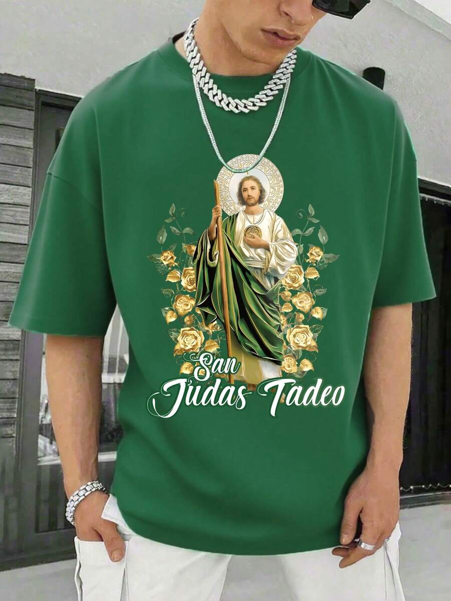 Men's Religious T-shirt|Golden Embossed Tadeo Saint Portrait|Official Licensed Catholic Apparel|100% Cotton|Unisex Devotional Wear| Gift for Faith Followers - Verde - Ver 1