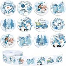 500pcs/Roll Merry Christmas Stickers, Watercolor Blue Christmas Tree, Santa Claus, Snowman Stickers, Self-Adhesive Christmas Christmas Decorations Christmas Pajamas Christmas Gifts Christmas Decor