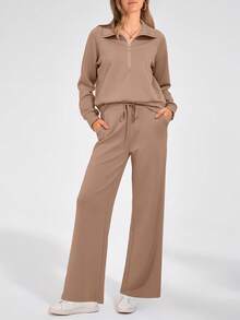 Women's 2 Piece Outfits Casual Lapel Half Zip Sweatshirts And Wide Leg Pants Tracksuit Sets - 卡其色 - 查看 5