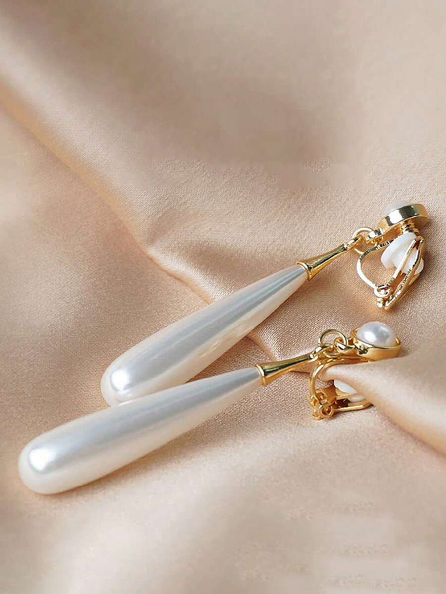 2 chiếc khuyên tai kẹp ngọc trai giả hình giọt nước phong cách Pháp cổ điển, khuyên tai xỏ khuyên dài thanh lịch