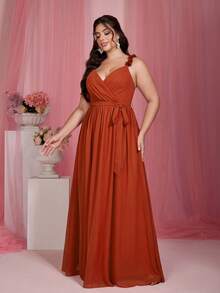 魔法花卉印花交叉裹身无袖优雅伴娘礼服 春季婚礼 - 亮橙色 - 查看 3