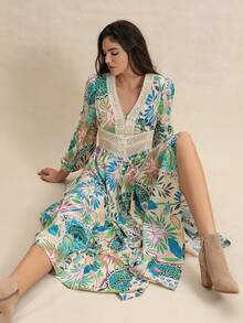 Rusttydustty 波西米亚风花卉V领蕾丝连衣裙，适合新年派对、婚礼季、音乐节、假日等场合。