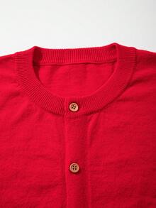 Unisex Casual Solid Color Round Neck Button Up Long Sleeve Cardigan Sweater, Suitable For Autumn/Winter, Christmas - Đỏ - Xem 4