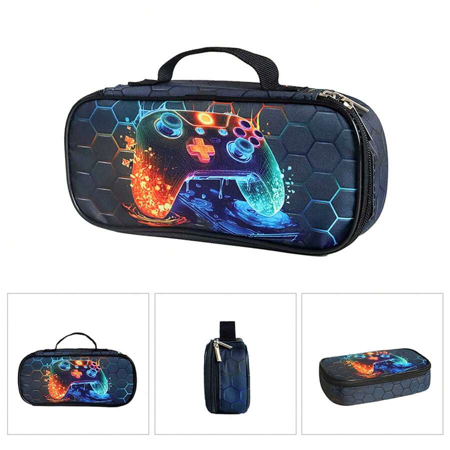3D Printed Gamer Style Pencil Case For Kids, Double-Sided Pattern Pencil Box, Large Capacity Wallet Card Holder, Compartment Pencil Box