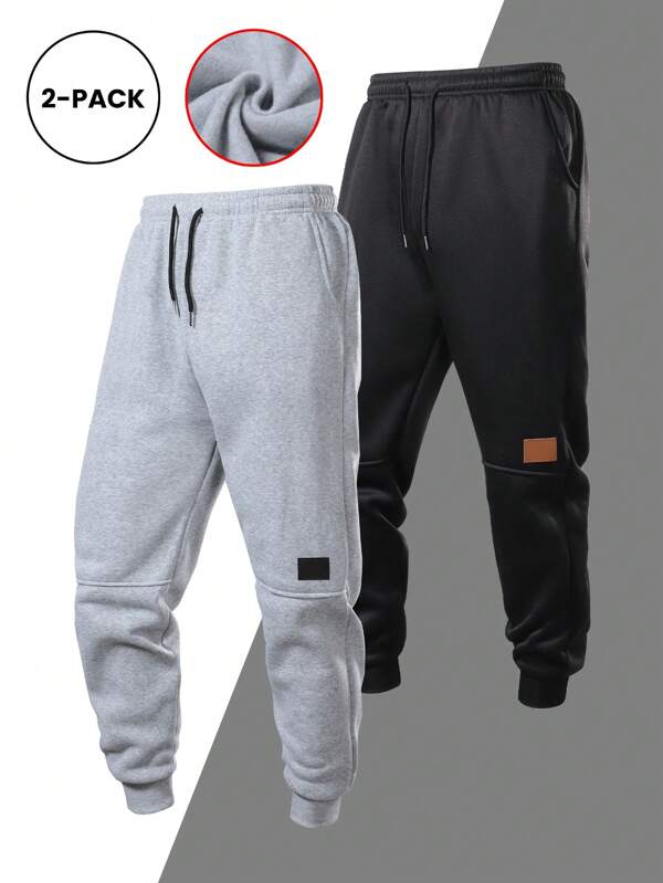 2pcs Men's Solid Color Casual Drawstring Waist Pocket Fleece Lined Warm Sweatpants For Running, Fitness, Sports