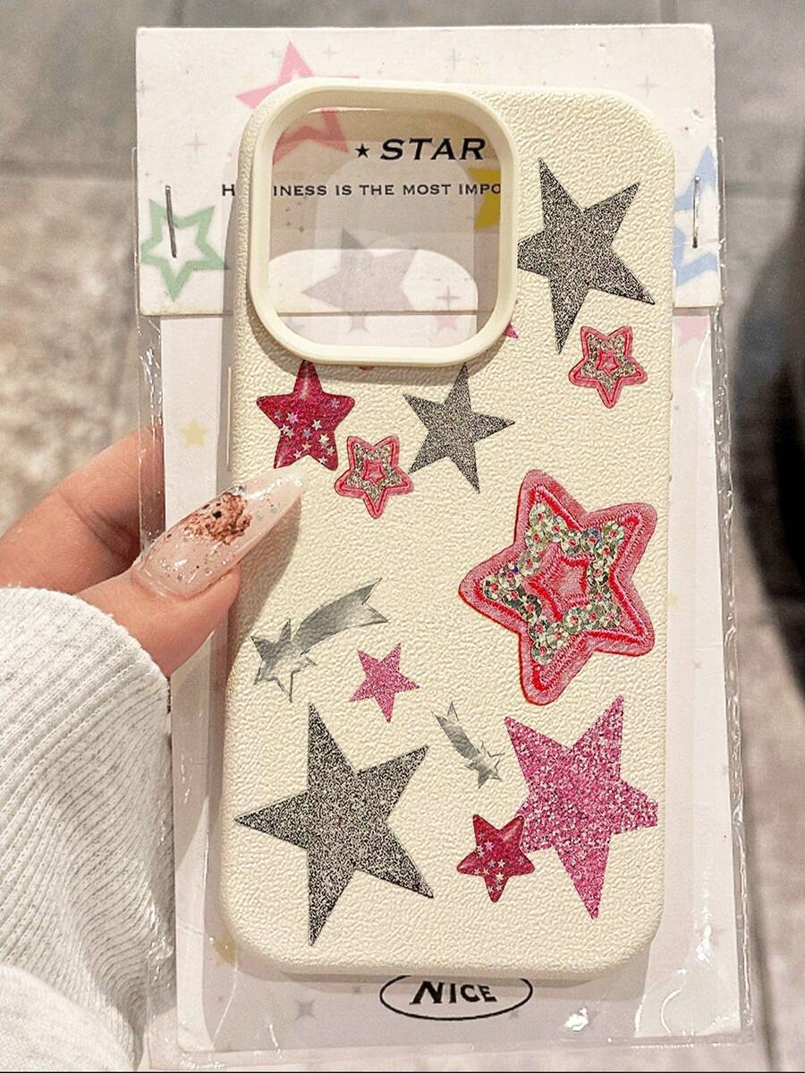 1pc Silver Star Pattern Litchi Texture Anti-Fall Anti-Slip Soft Phone Case Protective Cover Compatible With Apple And Phones Waterproof Shockproof Scratch Resistant,International Version, Not The Domestic Version