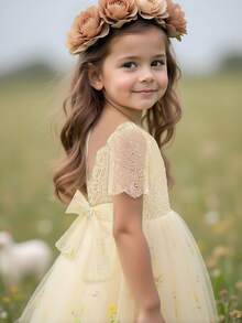 Tween-Mädchen Spitzenkleid mit kurzen Ärmeln, Stickerei und Mesh, elegantes rückenfreies Abendkleid, geeignet für Geburtstagsfeiern und Aufführungen, ohne Haarzubehör - Champagnerfarben - Übersicht 8