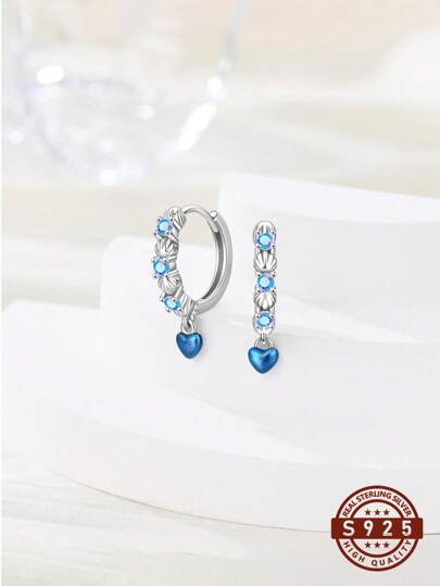 1 Pair 925 Sterling Silver Ocean Blue Cubic Zirconia Heart Pendant Hoop Earrings, Jewelry Gift For Women, Suitable For Daily Wear, Casual, Travel, Party, Collection, Comes With Elegant Gift Box, Fashionable Accessory For All Seasons