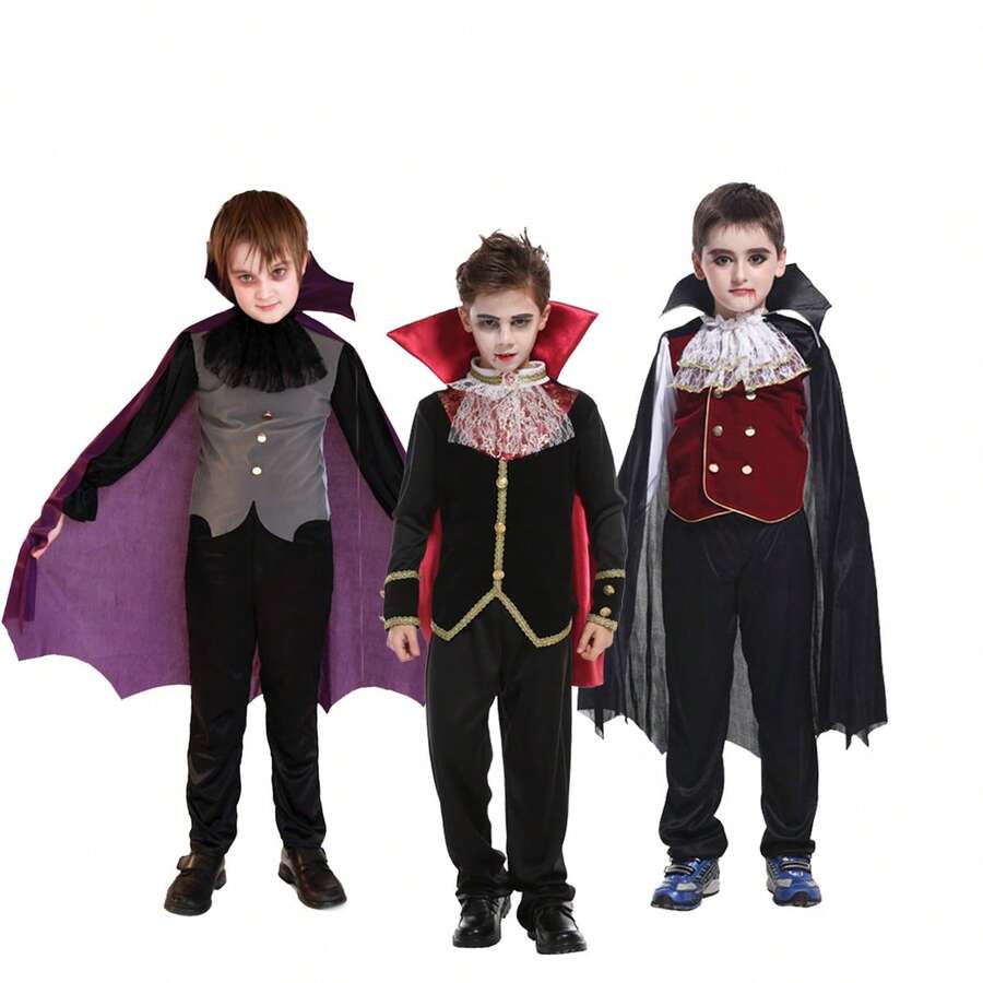 儿童吸血鬼伯爵服装套装 - 万圣节派对哥特式服装，带斗篷、高领和蕾丝 - 紫黑/红黑/黑灰 - 角色扮演服装，吸血鬼主题派对，三种款式可供选择