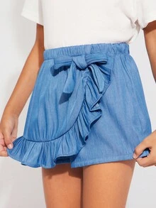 Radiana Tween Girl Ruffle Trim Bow Front Skort - Blue - View 1
