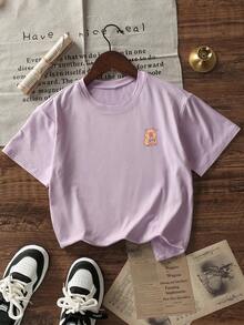 Tween Girls' Casual Purple Graphic Print Crew Neck Short Sleeve T-Shirt, Summer Top - Mauve Purple - View 4