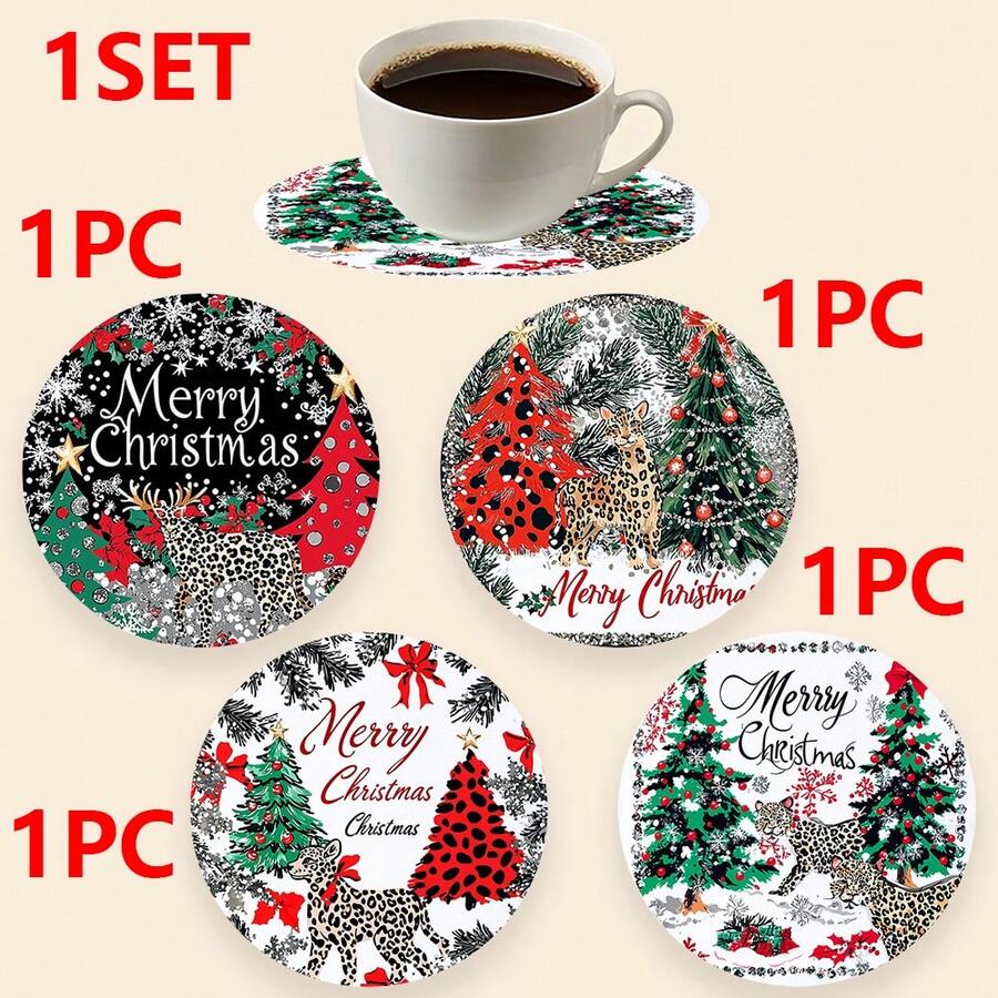 1set/10sets 4pcs/Set Christmas Santa Claus, Christmas Bell, Christmas Snowflake, Christmas Reindeer, Christmas Tree, Snowman, Christmas Penguin Coasters, Polyester Rubber Coaster Set, Ideal For Holiday Parties, Bars, Offices And Homes, All Occasions, Size: 3.94 Inches X 3.94 Inches