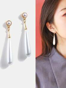 2 chiếc khuyên tai kẹp ngọc trai giả hình giọt nước phong cách Pháp cổ điển, khuyên tai xỏ khuyên dài thanh lịch - Vàng - Xem 3