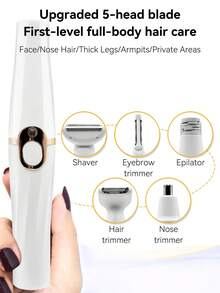 五合一女士电动剃须刀，适用于剃除和修剪腿内侧、眉毛、唇毛、身体毛发、面部毛发、胡须、鼻毛、手臂和腋毛。可充电电动剃须刀，温和不刺激。