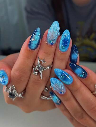 24pcs/Set French Almond-Shaped Ocean Style 3D Glitter Shell Crocodile Pattern Press-On False Nails Nail Art Supplies, Including 1 Jelly Glue And 1 Nail File, Perfect For Women And Girls On Vacation, Date And Daily Wear