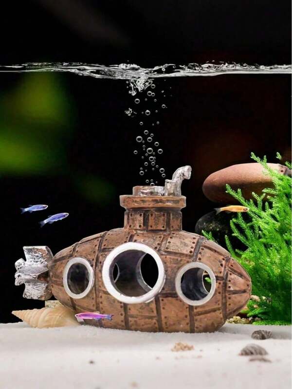 1pc Underwater Wreck Submarine Decoration, Fish Tank Aquarium Decoration Submarine Ornament Fish Tank Landscaping Breeding Pot Ornament, Fish Shrimp Hideaway House