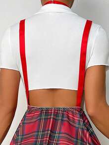 weiweihu American College Plaid Blouse Skirt Thong Printed Bow Tie Ladies Costume Ladies College Style Skirt Suit 5-Piece Set, Including Neck Ring, Bow Tie, Leg Ring. 3pack Tartan Lace Trim School Girl Costume Set  Back To School  School Lingerie Set>Sexy   Halloween Costumes Women / School Costume,Women's Sexy Underwear Rose Red Suit Net Clothes With Socks 4-Piece Set ,Cosplay Lingerie ,Lencería Sexy Para Mujeres Y2k  Corset Tops Pijamas Sexy Para Mujer   Halloween Costumes>Rave - Đỏ và trắng - Xem 4