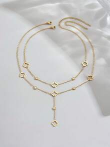 2 件时尚不锈钢幸运四叶草吊坠项链，方晶锆石装饰项链 Y 形项链，适合女性日常佩戴，性感锁骨链配饰 - 金色 - 查看 7