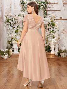 V领蕾丝拼接亮片撞色缎面高低摆A字正式连衣裙，适合晚宴、派对、婚礼宾客、夏季、生日、毕业典礼、返校、度假等场合。 - 香檳色 - 查看 3