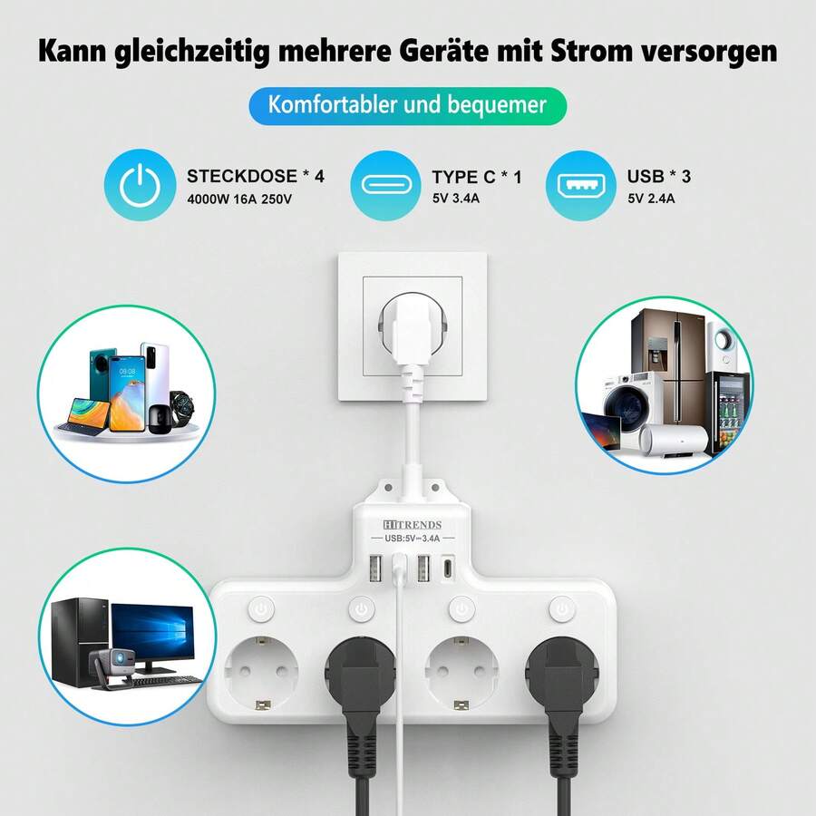 1 件欧盟插头电源板多触点插座，带 4 个交流电源插座、3 个 USB-A（5V、2.4V、12W）和 1 个 USB-C（5V、3.4V、17W）端口，用于快速充电壁式插座，带电涌保护器、5 厘米延长线，带独立 LED 显示开关，4000W 16A 250V。多功能电源板适用于家庭、办公室、旅行和厨房