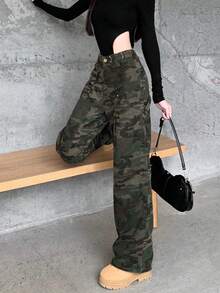 女士宽松休闲直筒牛仔裤，带口袋，夏季迷彩图案 - 軍綠色 - 查看 8