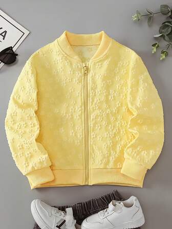 1pc Girls 3D Clover Solid Color Zipper Baseball Jacket, Suitable For Outdoor Travel, Back To School Season, Girls Clothing, Girls Winter Coat