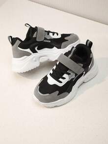 1 Paar neue Kinder Bequeme & Vielseitige Sportschuhe - Mesh atmungsaktiv, Buchstaben Dekor, Schwarz/Grau flacher Halt Niedrige Oberteile Laufschuhe, geeignet für alle Jahreszeiten, Alltagsnutzung für Jungen und Mädchen, outdoor Wandern