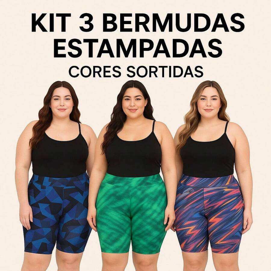 Kit 3 Bermudas Plus Size Estampadas Fitness G1 ao G3 - Cós Alto, Confortáveis, Cores Sortidas