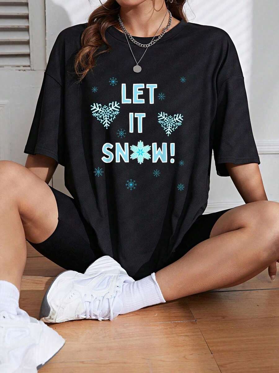 Graphic Tees Women 100%Cotton Women Clothing Fall Women Clothes Round Neck T Shirt Summer Outfits For Women Tops For Women Black T Shirt Cute Frozen Snowflakes Heart - Let It Snow Winter Christmas T-Shirt - 黑色 - 查看 1