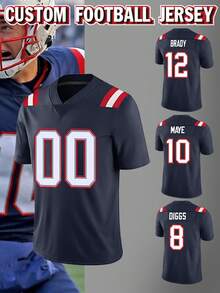 Customized Name & Number Men's Embroidered American Football Jersey, New England Blue V-Neck Personalized Short Sleeve Shirt, Suitable For Party, Match, Training, Sports Competition, DIY Size S-XXL - Blue - View 1