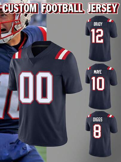 Customized Name & Number Men's Embroidered American Football Jersey, New England Blue V-Neck Personalized Short Sleeve Shirt, Suitable For Party, Match, Training, Sports Competition, DIY Size S-XXL