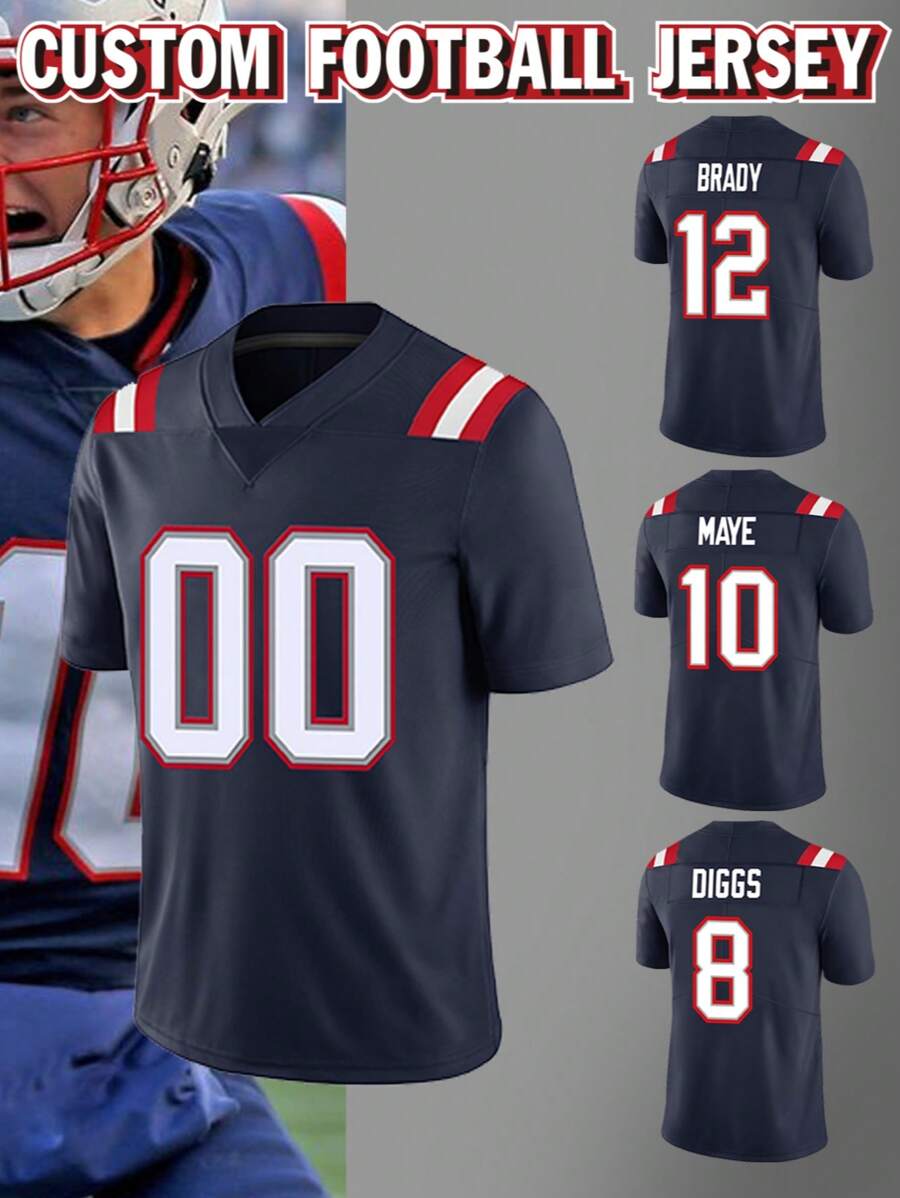 Customized Name & Number Men's Embroidered American Football Jersey, New England Blue V-Neck Personalized Short Sleeve Shirt, Suitable For Party, Match, Training, Sports Competition, DIY Size S-XXL - Blue - View 1