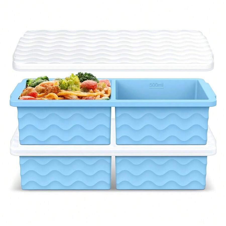Silicone Freezer Tray For Soup With Lid - 2 Cup Soup Freezer Container Molds - Extra Large Ice Cube Tray - Silicone Freezer Food Molds For Freezing & Storing Soup, Sauce, Broth, Leftovers (2 Pack)-814352 - LightBlue - Xem 1