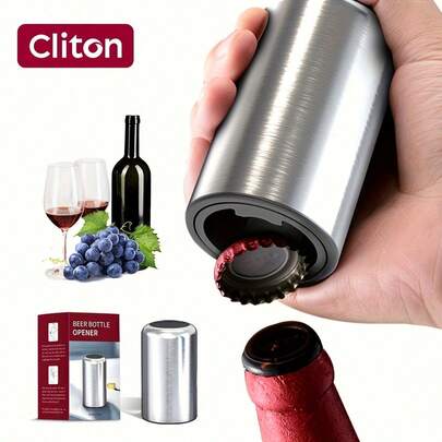 CLITON Dụng cụ mở nắp chai bia bằng thép không gỉ, tự động ấn xuống không làm hỏng nắp chai, dụng cụ mở nắp chai nhỏ gọn, di động, tiện lợi cho quán bar tại nhà, dã ngoại, cắm trại, đi bộ đường dài, quà tặng rượu vang cho nam giới