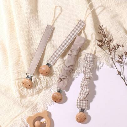 4 piezas de Clips para chupetes de bebé, a cuadros, lunares, unicolor azul/rosa/caqui, clips de chupete de madera con 3 agujeros, aptos para uso diario