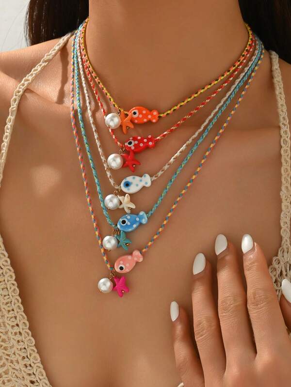 1 pièce Collier pendentif en céramique coloré et polyvalent avec poisson à pois et étoile de mer en faux perle, convient pour les hommes et les femmes, pour un usage quotidien, les vacances et les soirées