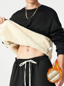 Sudadera gruesa y cálida de invierno para hombre, sudadera de cuello redondo de color liso - Negro - Ver 2